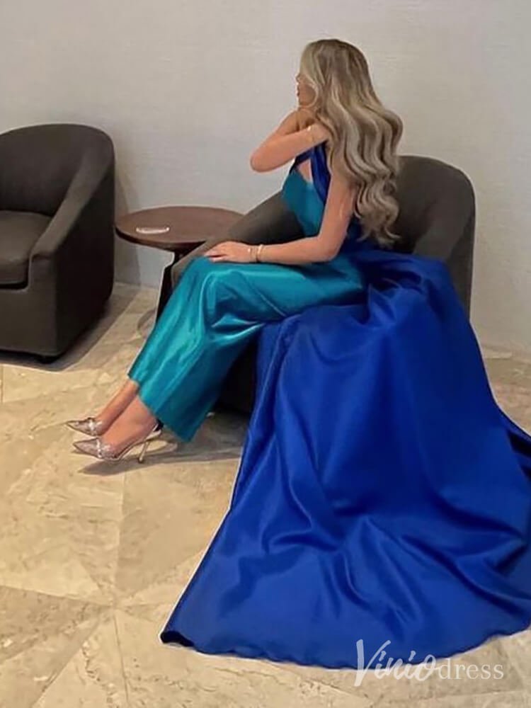 Blue Satin Mermaid Prom Dresses Overskirt Halter Neck Formal Dress AD1251 - ViniodressEvening DressesBlueUS 2 - Formal Dresses - Ball Gowns