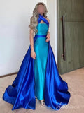 Blue Satin Mermaid Prom Dresses Overskirt Halter Neck Formal Dress AD1251-prom dresses-Viniodress-Viniodress