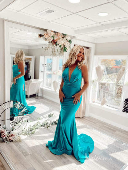 Blue Satin Mermaid Prom Dresses Plunging V-Neck Evening Dress FD3667-prom dresses 2025 -Viniodress-Blue-Custom Size-