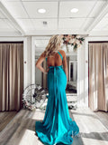 Blue Satin Mermaid Prom Dresses Plunging V-Neck Evening Dress FD3667-prom dresses-Viniodress-Viniodress