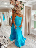 Blue Satin Mermaid Prom Dresses Spaghetti Strap Evening Dress FD3652-prom dresses-Viniodress-Viniodress