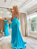 Blue Satin Mermaid Prom Dresses Spaghetti Strap Evening Dress FD3652
