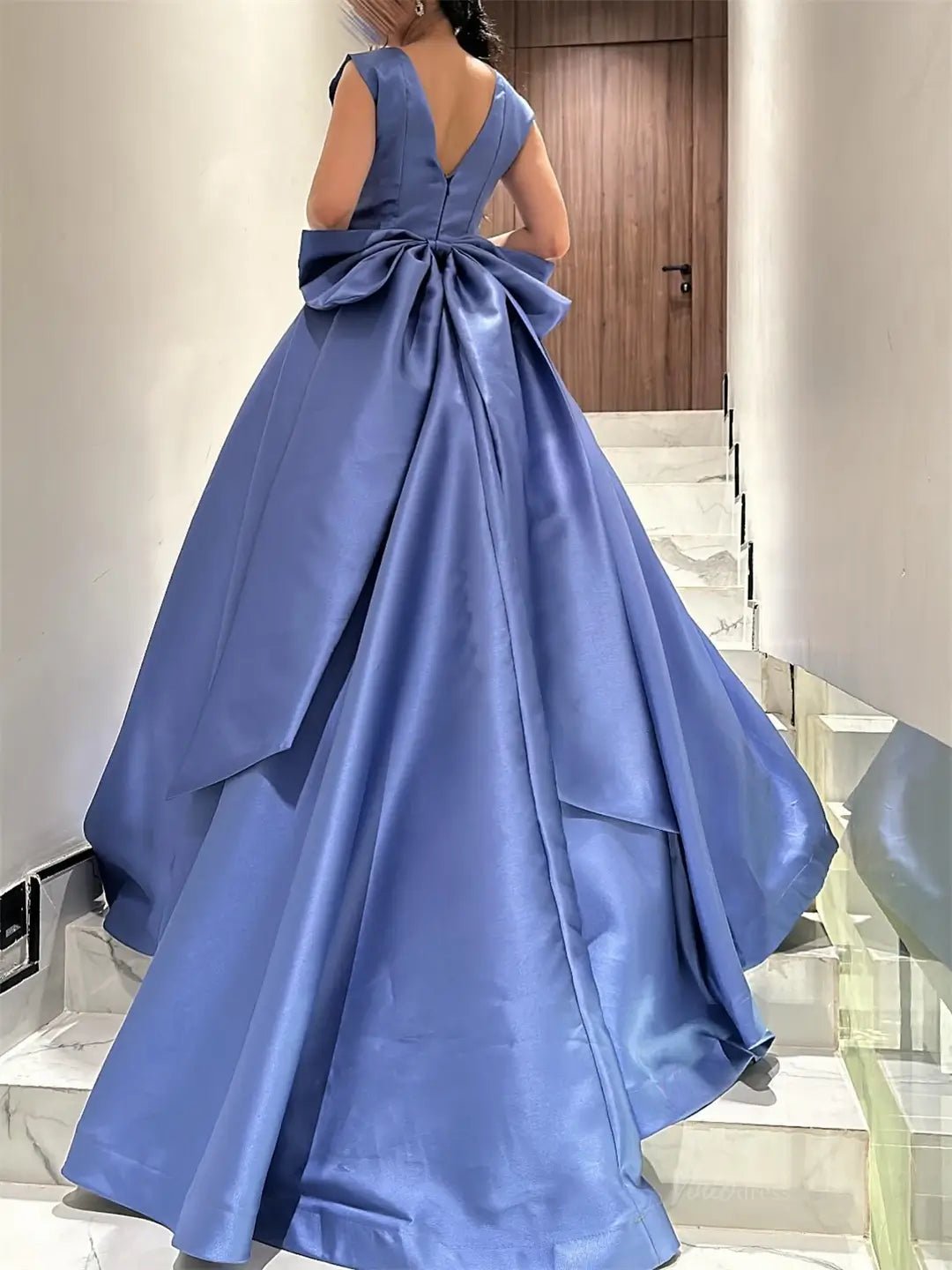 Blue Satin Prom Dresses 2025 with Bow-Tie & Boat Neck – FD5205-prom dresses 2025 -Viniodress-Blue-Custom Size-