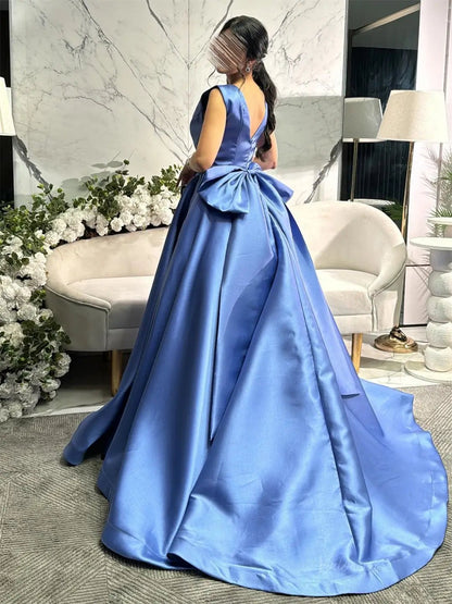 Blue Satin Prom Dresses 2025 with Bow-Tie & Boat Neck – FD5205-prom dresses 2025 -Viniodress-Blue-Custom Size-