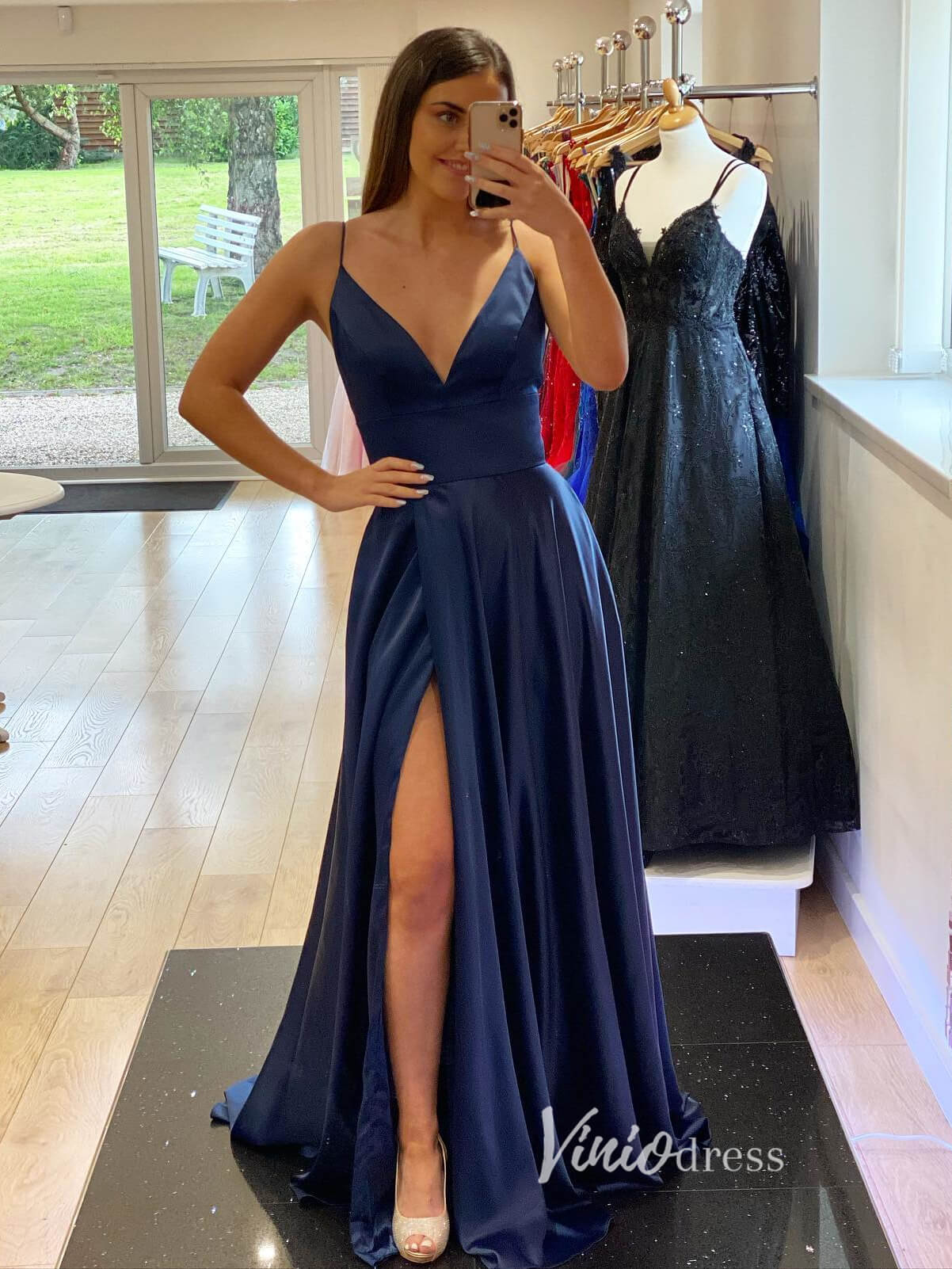 Blue Satin Prom Dresses High Slit Spaghetti Strap Evening Dress with PocketsFD3352-prom dresses 2025 -Viniodress-Navy Blue-Custom Size-