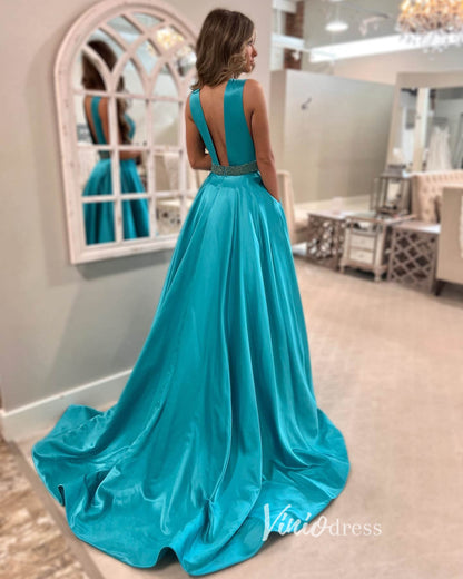 Blue Satin Prom Dresses Plunging V-Neck Formal Gown FD3250-prom dresses 2025 -Viniodress-Blue-Custom Size-