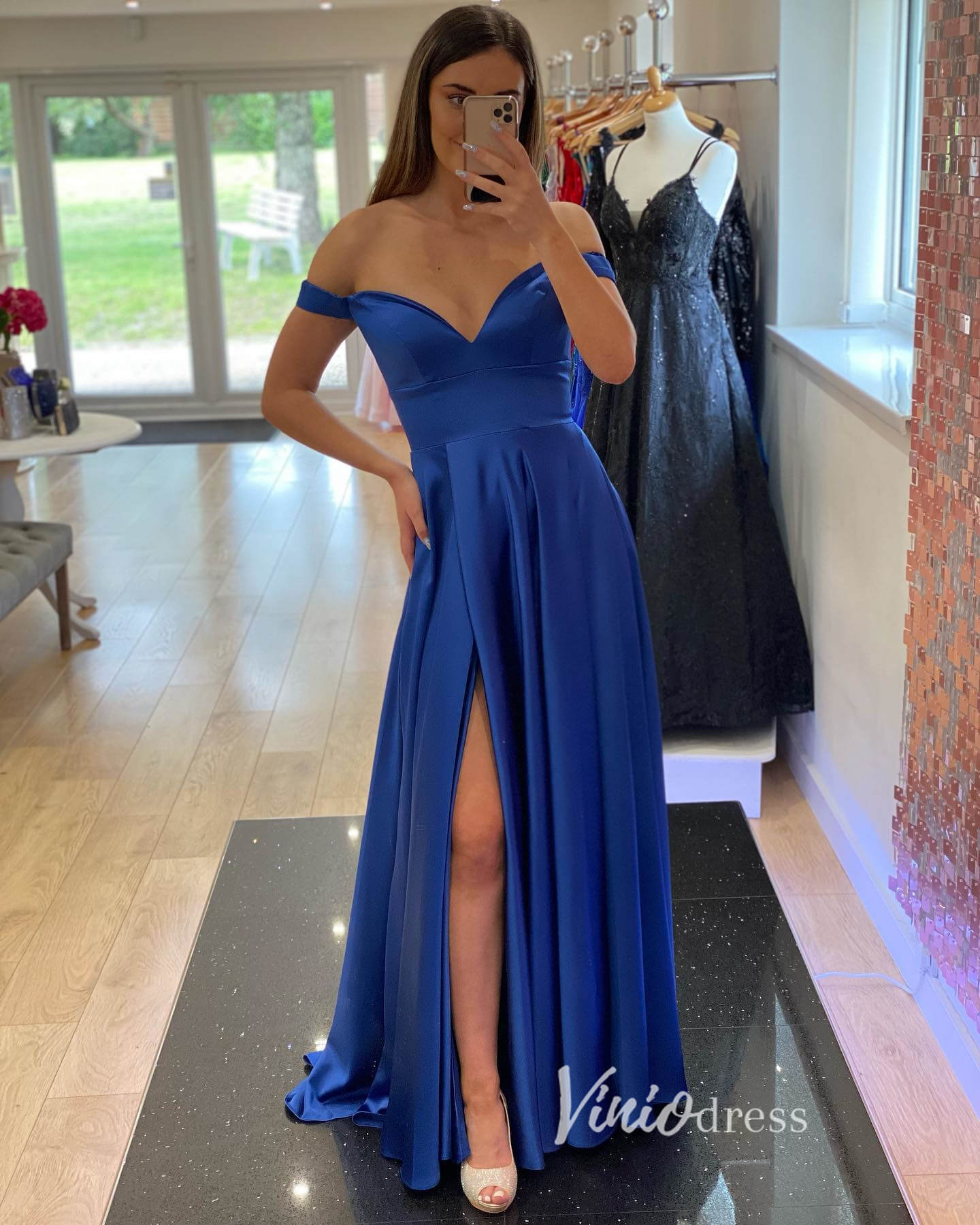 Blue Satin Prom Dresses with Slit Off the Shoulder Evening Dress FD3378-prom dresses 2025 -Viniodress-Blue-Custom Size-