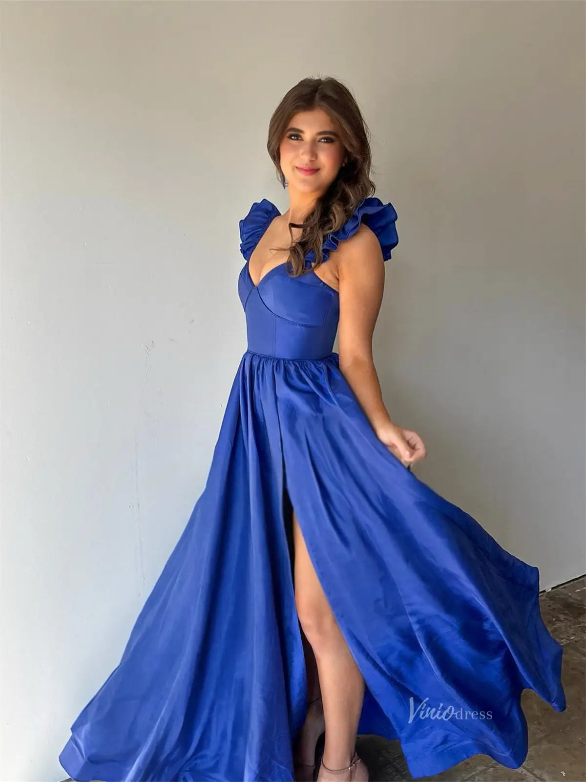 Blue Satin Prom Dresses with Slit & Ruffled Strap - FD5187 Viniodress Blue Satin Prom Dresses with Slit & Ruffled Strap - FD5187 Viniodress