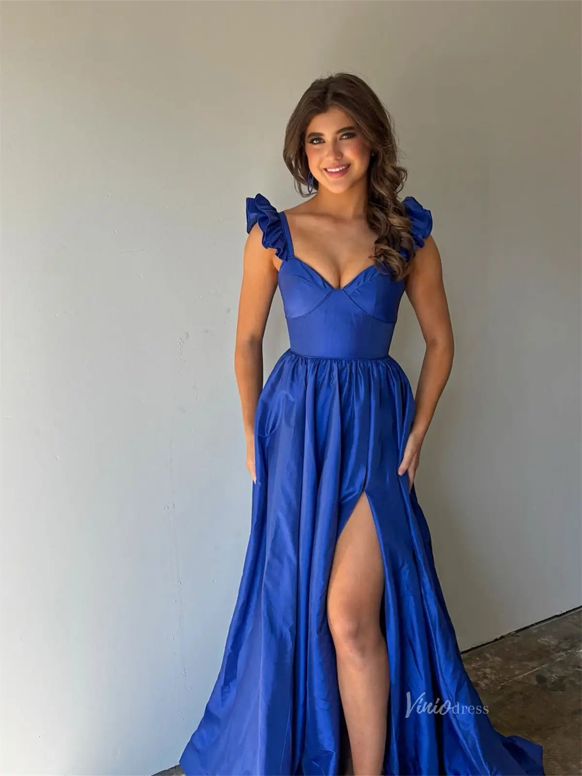 Blue Satin Prom Dresses with Slit & Ruffled Strap - FD5187-prom dresses 2025 -Viniodress-Blue-Custom Size-
