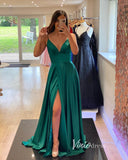 Prom Dress 2025 Blue Satin Prom Dresses with Slit Spaghetti Strap Evening Dress FD3352-unique prom dresses-Emerald Green-Custom Size-Viniodress