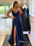 Prom Dress 2025 Blue Satin Prom Dresses with Slit Spaghetti Strap Evening Dress FD3352-unique prom dresses-Navy Blue-Custom Size-Viniodress