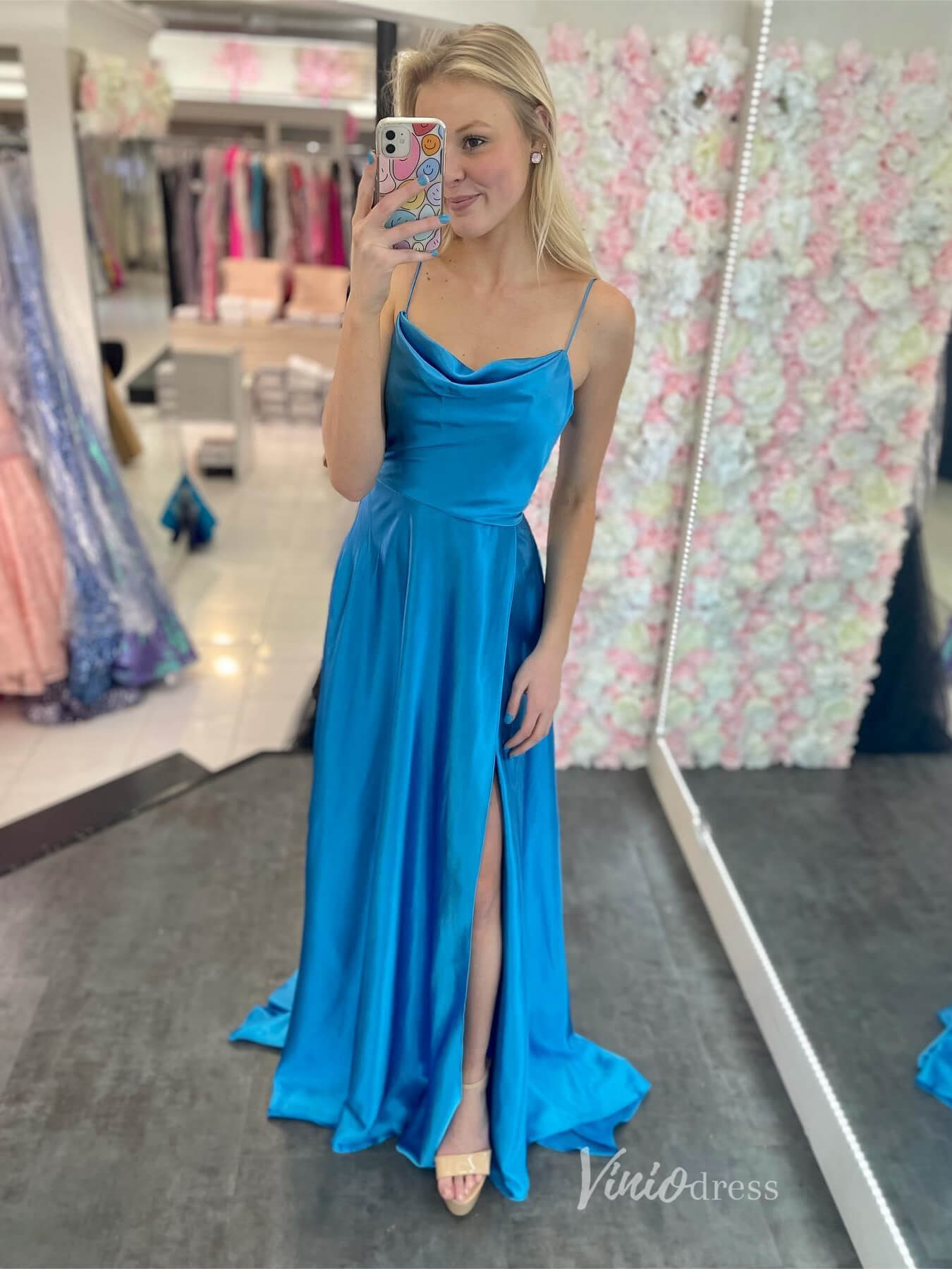 Blue Satin Sheath Cowl Neck Prom Dresses with Slit Spaghetti Strap FD3981 - Viniodressprom dressesBlueCustom Size - Formal Dresses - Ball Gowns