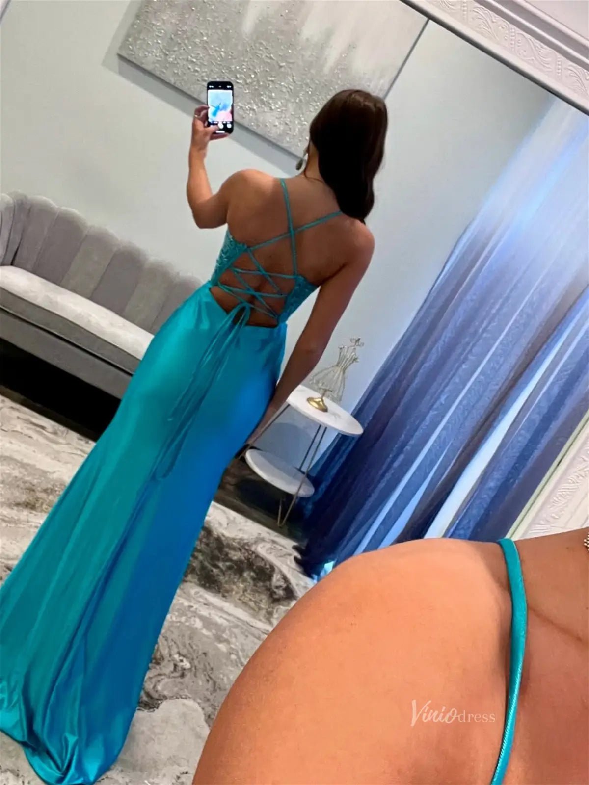 Blue Satin Sheath Prom Dresses with Slit, Spaghetti Straps & Lace Bodi Viniodress Blue Satin Sheath Prom Dresses with Slit, Spaghetti Straps & Lace Bodi Viniodress