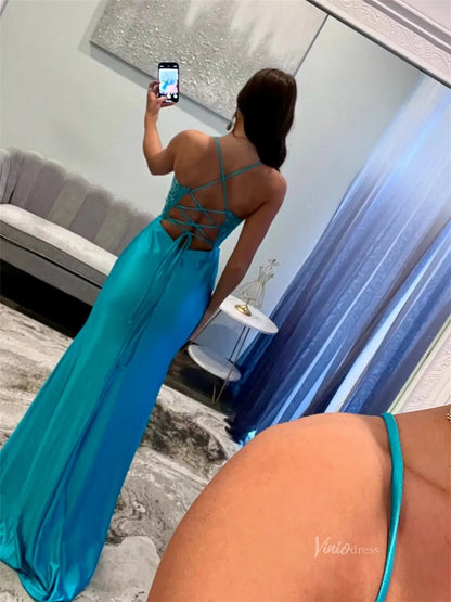 Blue Satin Sheath Prom Dresses with Slit, Spaghetti Straps & Lace Bodice - FD6007-prom dresses 2025 -Viniodress-Blue-Custom Size-