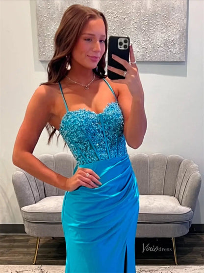Blue Satin Sheath Prom Dresses with Slit, Spaghetti Straps & Lace Bodice - FD6007-prom dresses 2025 -Viniodress-Blue-Custom Size-