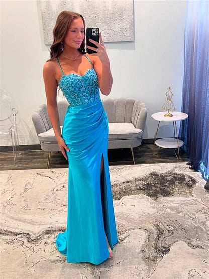 Blue Satin Sheath Prom Dresses with Slit, Spaghetti Straps & Lace Bodice - FD6007-prom dresses 2025 -Viniodress-Blue-Custom Size-
