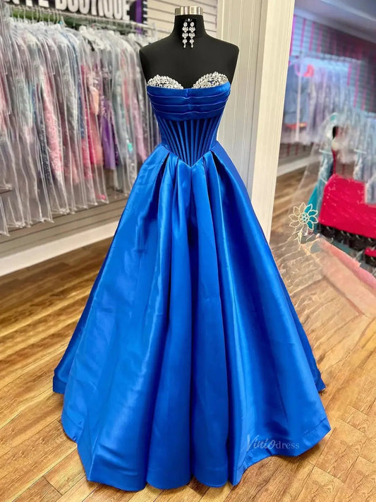 Blue Satin Strapless Prom Dresses with Beaded Sweetheart Neckline & Sheer Boned Bodice - FD5286-prom dresses 2025 -Viniodress-Blue-Custom Size-