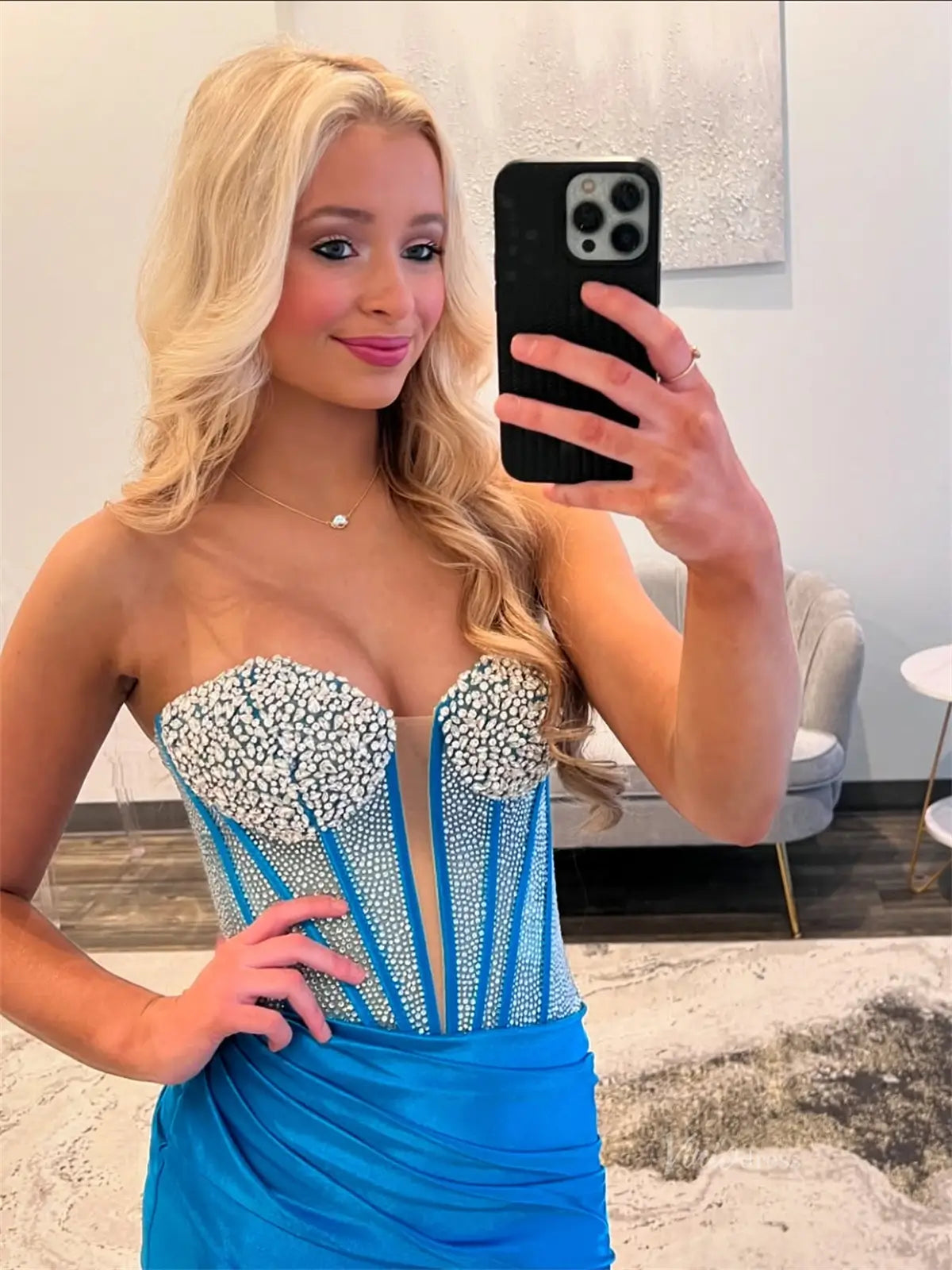 Blue Satin Strapless Prom Dresses with Slit, Sweetheart Neckline & Beaded Boned Bodice - FD6011-prom dresses 2025 -Viniodress-Blue-Custom Size-