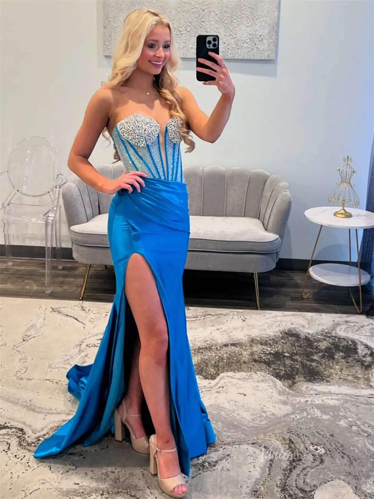 Blue Satin Strapless Prom Dresses with Slit, Sweetheart Neckline & Beaded Boned Bodice - FD6011-prom dresses 2025 -Viniodress-Blue-Custom Size-