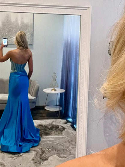 Blue Satin Strapless Prom Dresses with Slit, Sweetheart Neckline & Beaded Boned Bodice - FD6011-prom dresses 2025 -Viniodress-Blue-Custom Size-