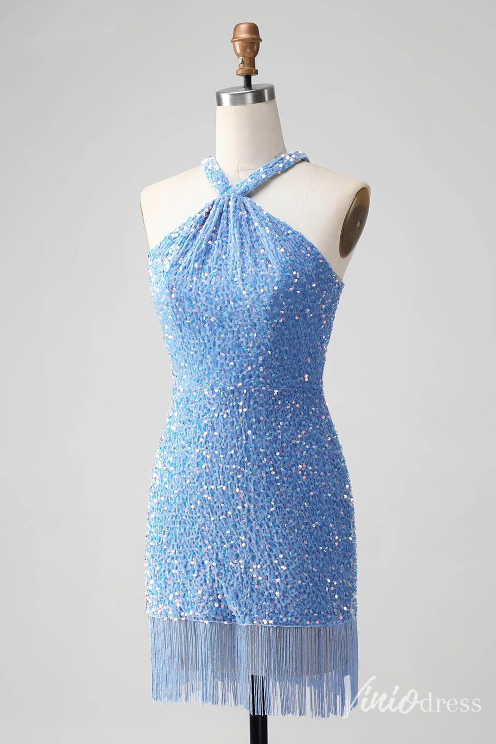 Blue Sequin Homecoming Dresses Halter Neck Tassels Bodycon Dress S24002-prom dresses 2025 -Viniodress-Blue-Custom Size-
