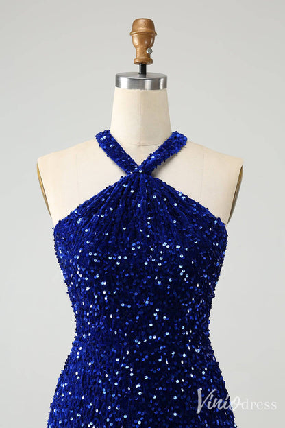 Blue Sequin Homecoming Dresses Halter Neck Tassels Bodycon Dress S24002-prom dresses 2025 -Viniodress-Blue-Custom Size-
