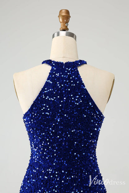 Blue Sequin Homecoming Dresses Halter Neck Tassels Bodycon Dress S24002-prom dresses 2025 -Viniodress-Blue-Custom Size-