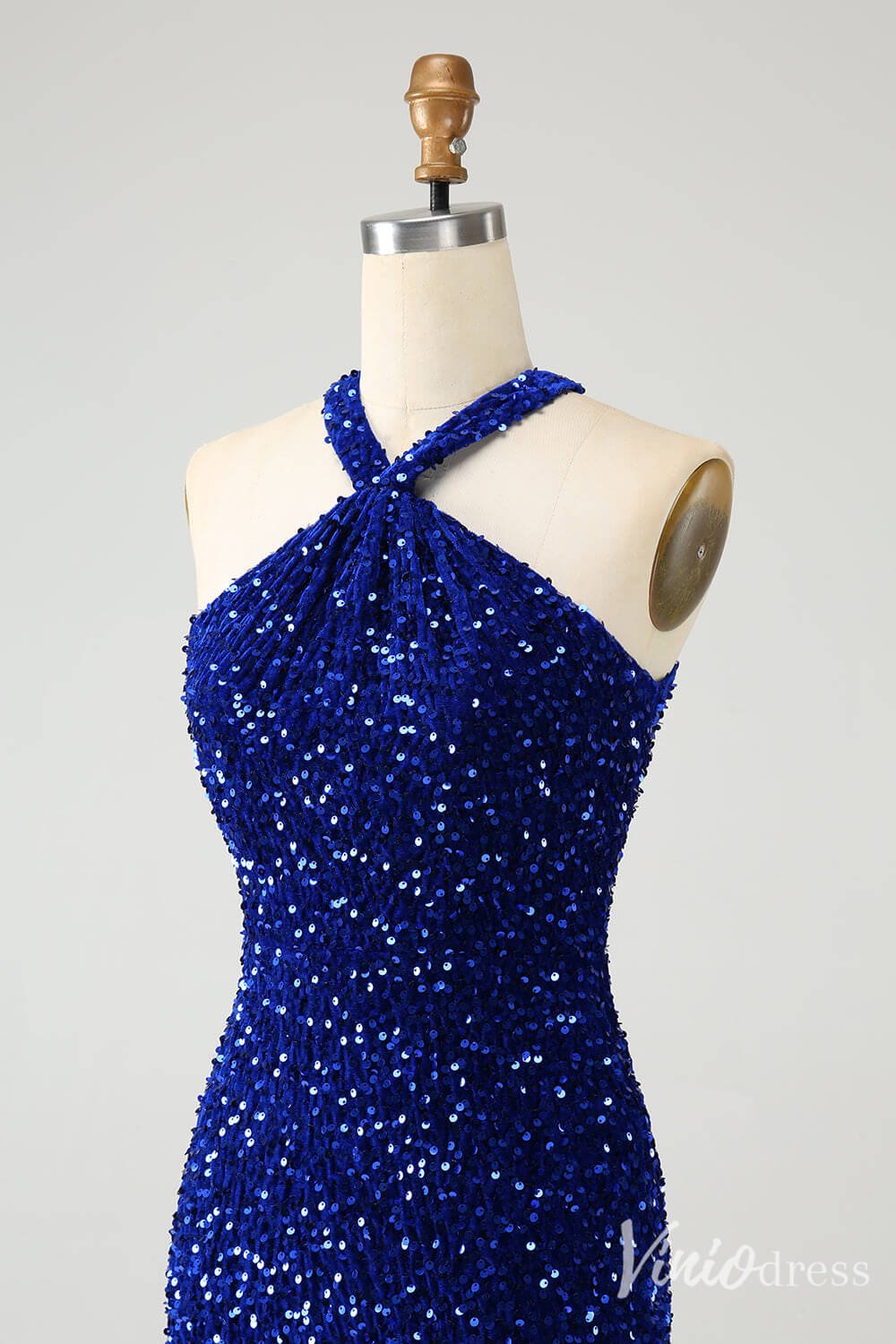 Blue Sequin Homecoming Dresses Halter Neck Tassels Bodycon Dress S24002-prom dresses 2025 -Viniodress-Blue-Custom Size-