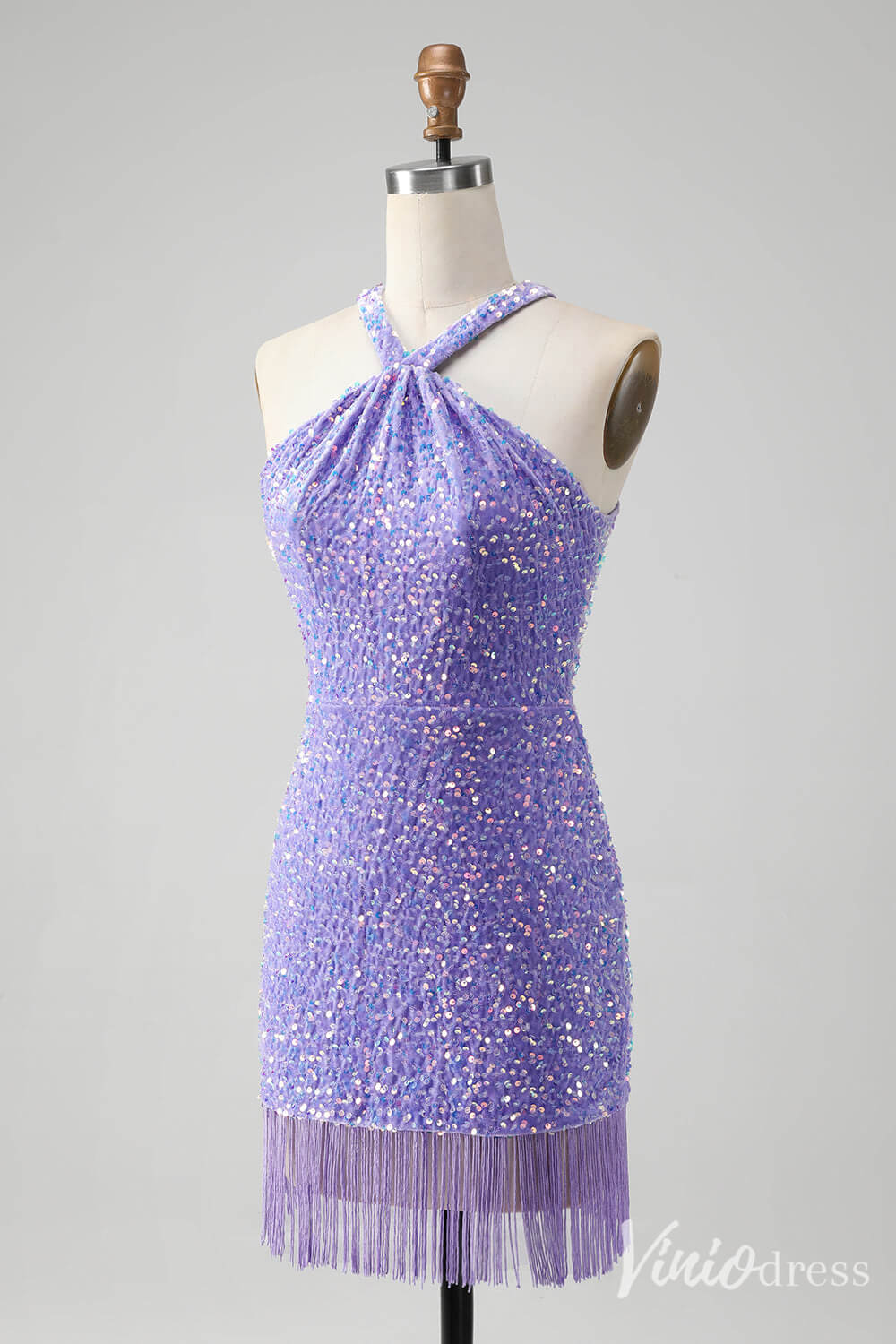 Blue Sequin Homecoming Dresses Halter Neck Tassels Bodycon Dress S24002-prom dresses 2025 -Viniodress-Blue-Custom Size-