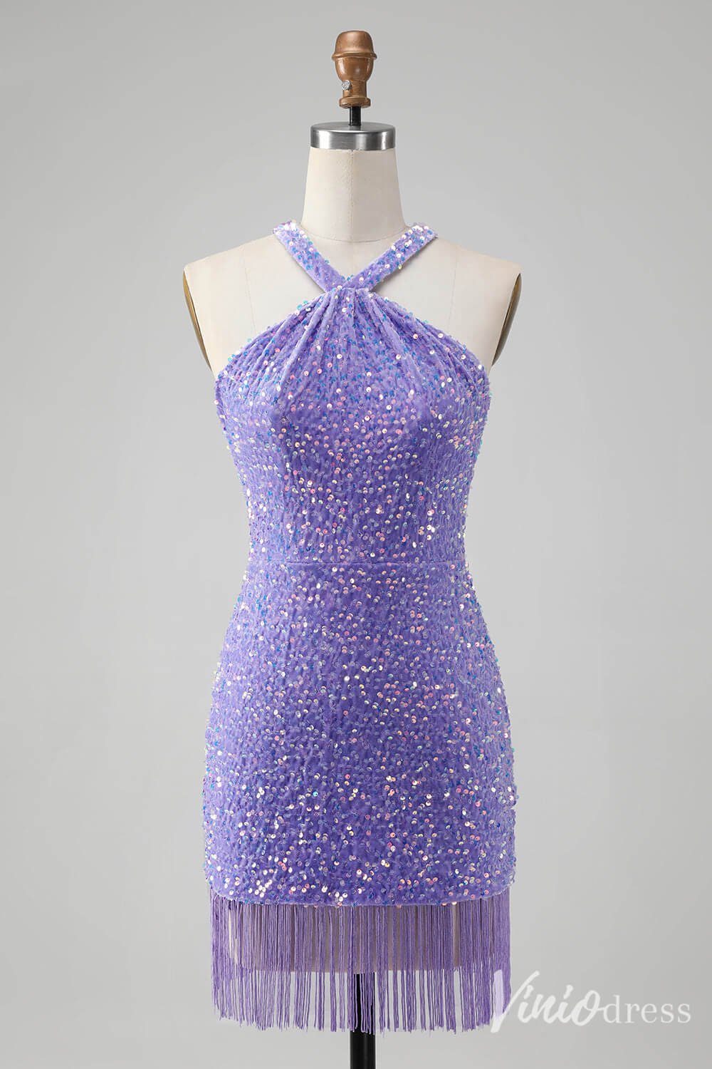 Blue Sequin Homecoming Dresses Halter Neck Tassels Bodycon Dress S24002-prom dresses 2025 -Viniodress-Lavender-Custom Size-