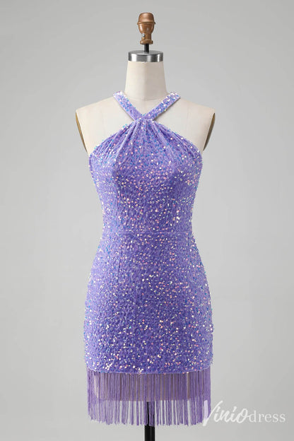 Blue Sequin Homecoming Dresses Halter Neck Tassels Bodycon Dress S24002-prom dresses 2025 -Viniodress-Lavender-Custom Size-