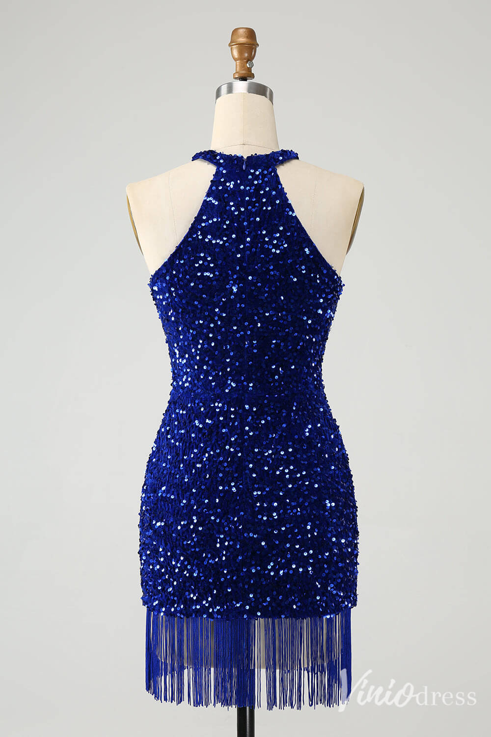 Blue Sequin Homecoming Dresses Halter Neck Tassels Bodycon Dress S24002-prom dresses-Viniodress-Viniodress