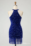 Blue Sequin Homecoming Dresses Halter Neck Tassels Bodycon Dress S24002-prom dresses-Viniodress-Viniodress