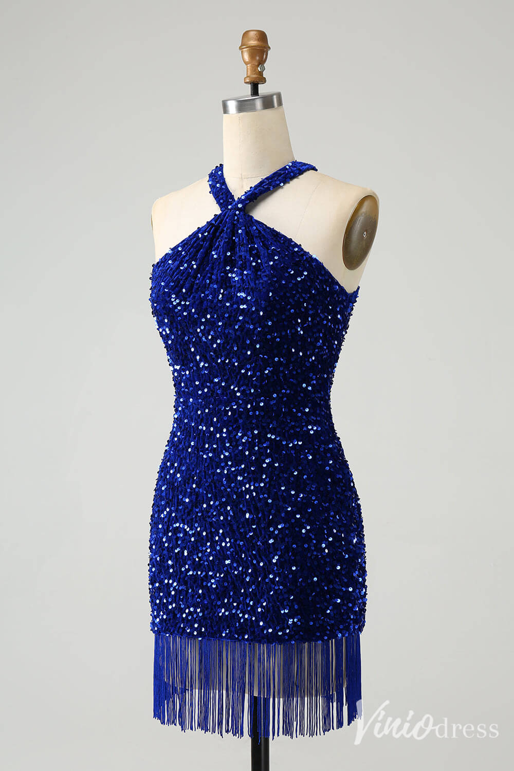 Blue Sequin Homecoming Dresses Halter Neck Tassels Bodycon Dress S24002-prom dresses-Viniodress-Viniodress