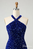 Blue Sequin Homecoming Dresses Halter Neck Tassels Bodycon Dress S24002-prom dresses-Viniodress-Viniodress