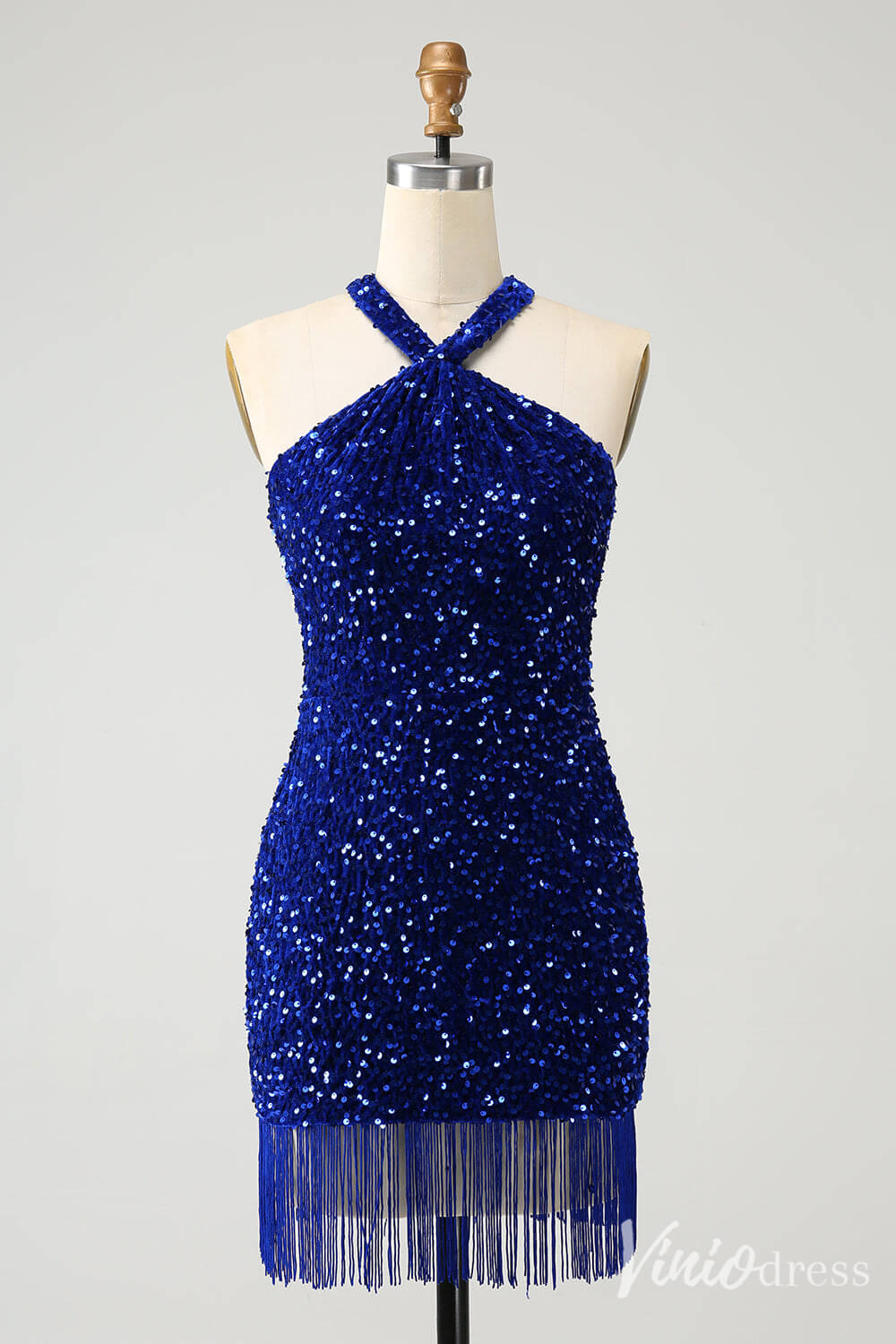 Blue Sequin Homecoming Dresses Halter Neck Tassels Bodycon Dress S24002-prom dresses-Viniodress-Blue-Custom Size-Viniodress