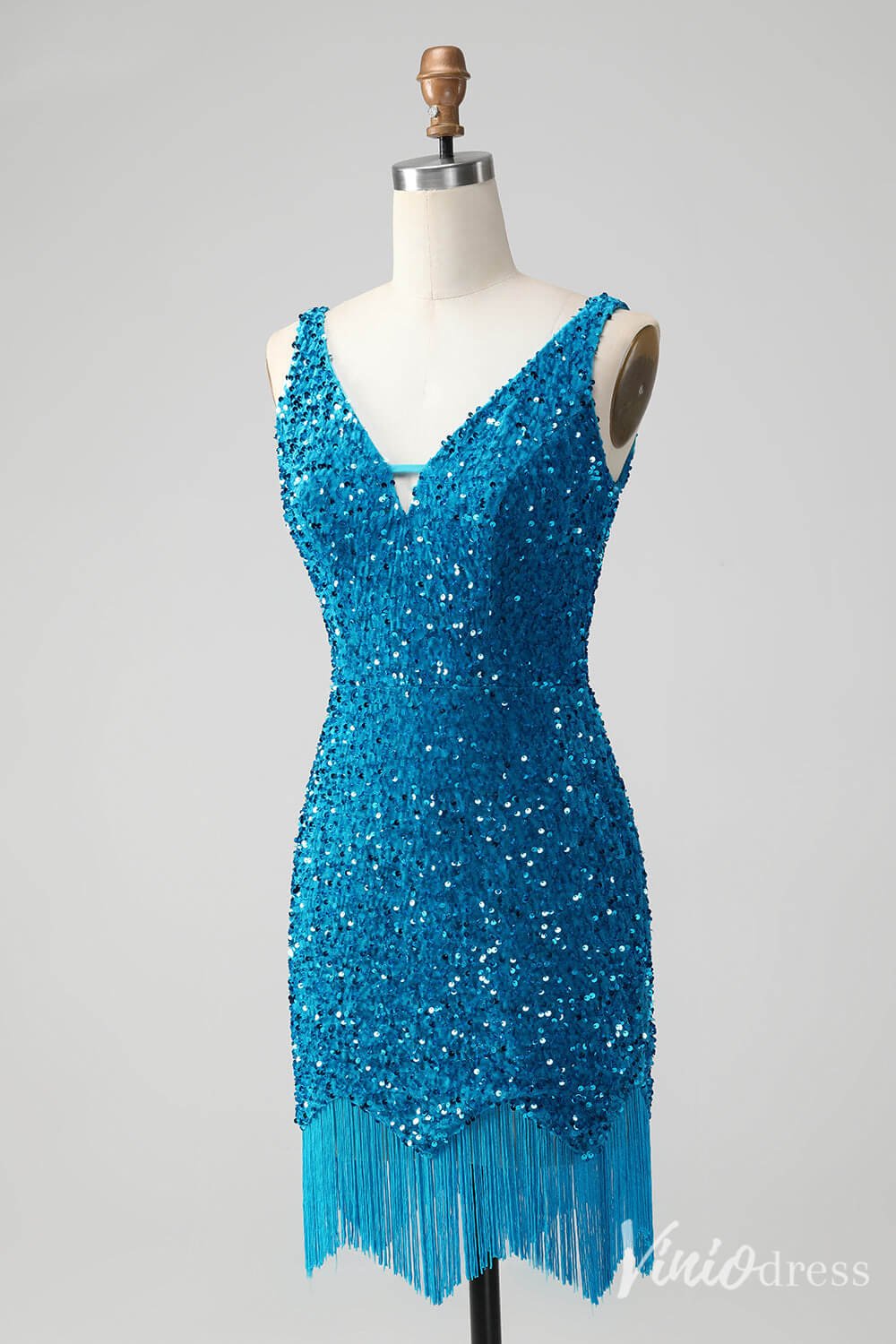 Blue Sequin Homecoming Dresses V-Neck Tassels Bodycon Dress S24001-prom dresses 2025 -Viniodress-Blue-Custom Size-