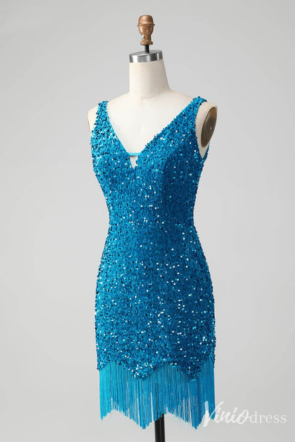 Blue Sequin Homecoming Dresses V-Neck Tassels Bodycon Dress S24001-prom dresses 2025 -Viniodress-Blue-Custom Size-