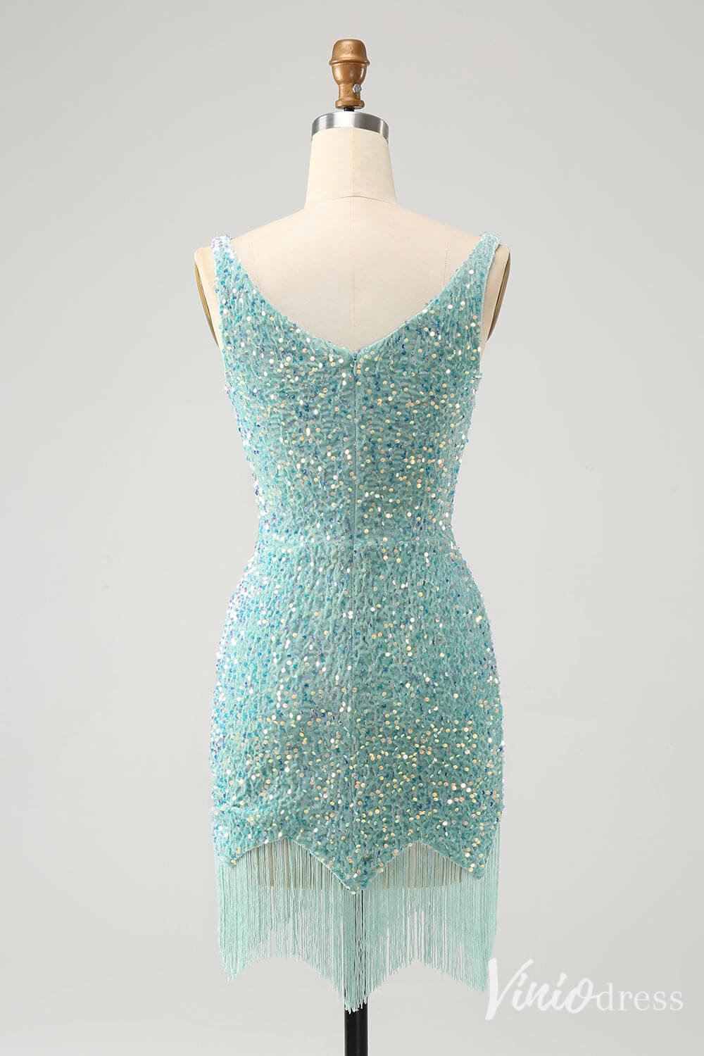 Blue Sequin Homecoming Dresses V-Neck Tassels Bodycon Dress S24001-prom dresses 2025 -Viniodress-Blue-Custom Size-