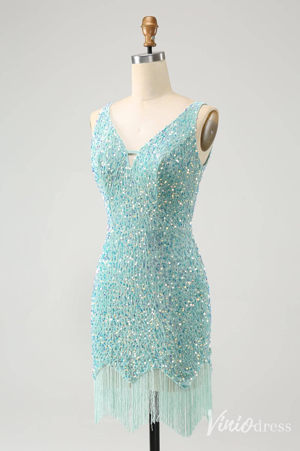 Blue Sequin Homecoming Dresses V-Neck Tassels Bodycon Dress S24001-prom dresses 2025 -Viniodress-Blue-Custom Size-