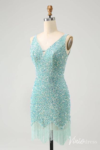 Blue Sequin Homecoming Dresses V-Neck Tassels Bodycon Dress S24001-prom dresses 2025 -Viniodress-Blue-Custom Size-