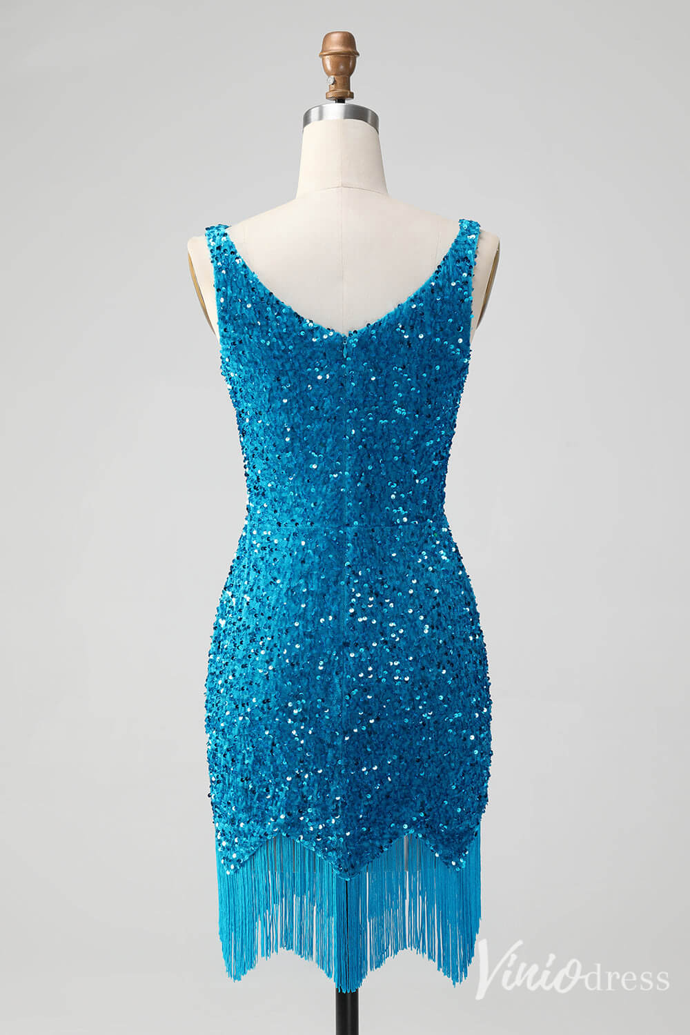 Blue Sequin Homecoming Dresses V-Neck Tassels Bodycon Dress S24001-prom dresses-Viniodress-Viniodress