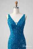 Blue Sequin Homecoming Dresses V-Neck Tassels Bodycon Dress S24001-prom dresses-Viniodress-Viniodress