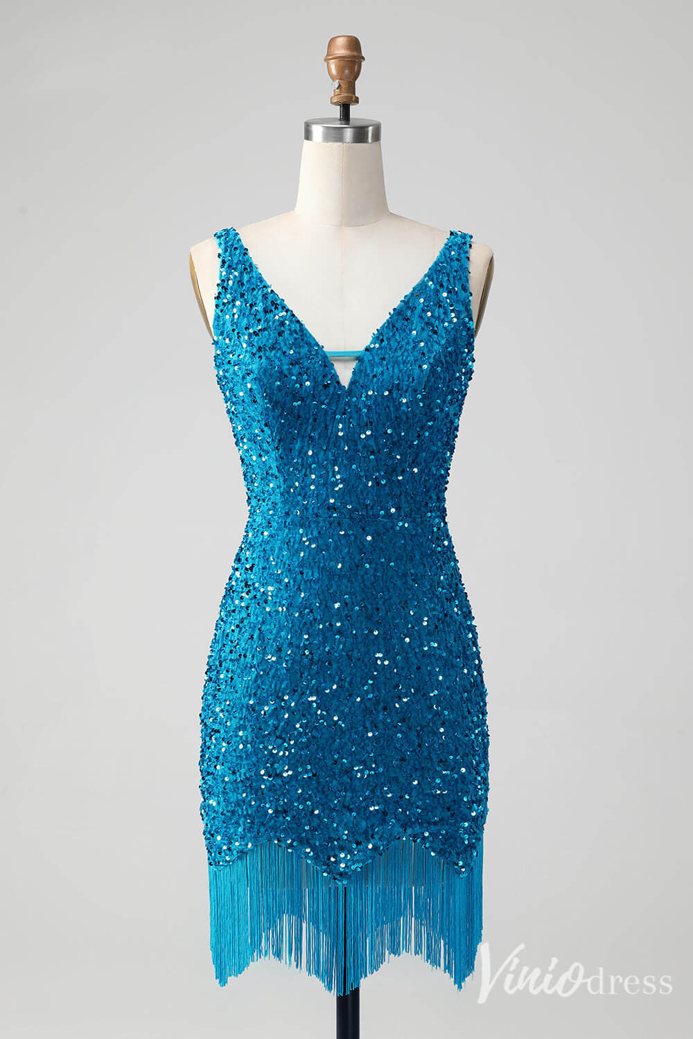 Blue Sequin Homecoming Dresses V-Neck Tassels Bodycon Dress S24001-prom dresses-Viniodress-Blue-Custom Size-Viniodress