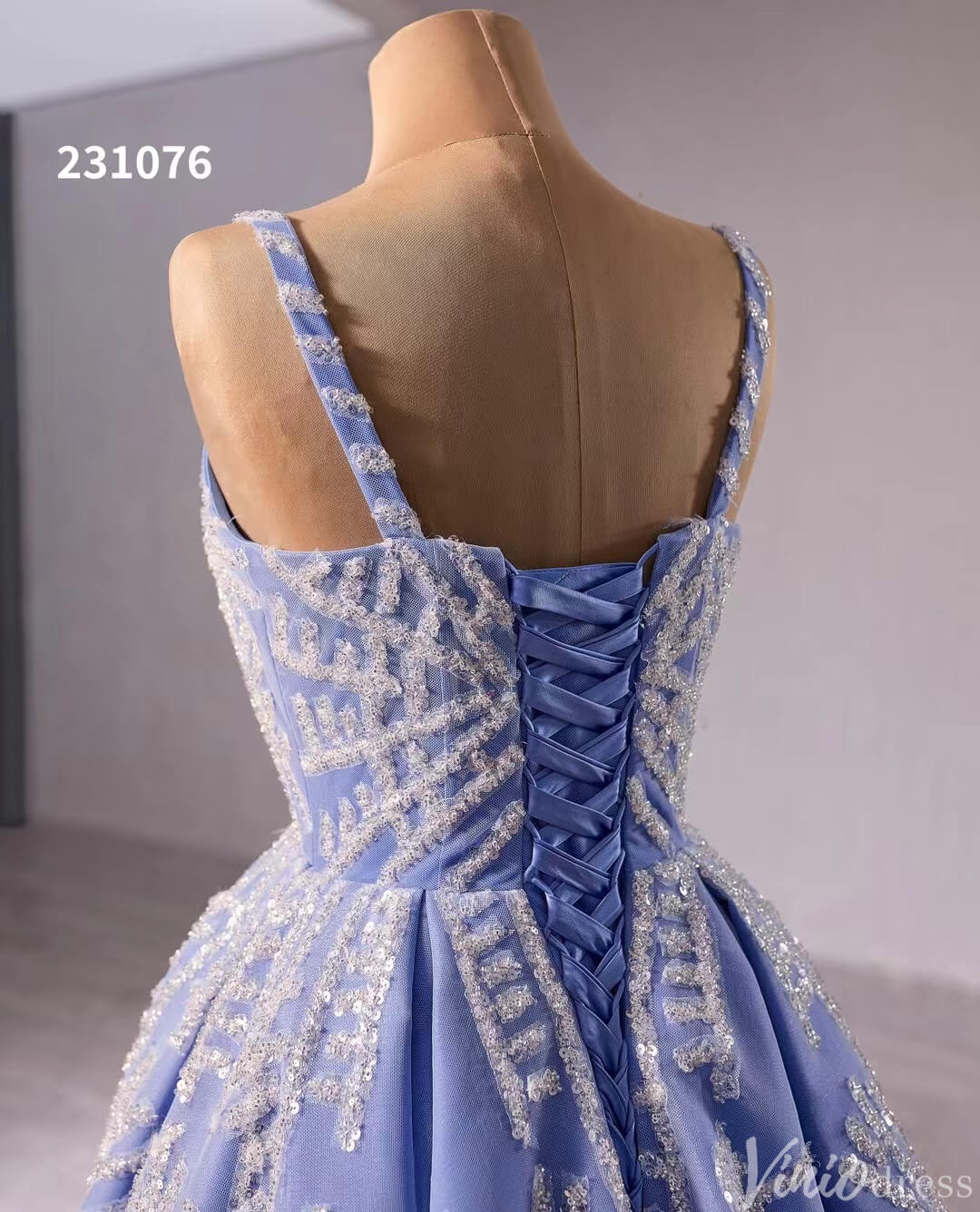 Blue Sequin Lace Wedding Gown Spaghetti Strap Quinceanera Dress 231076-Quinceanera Dresses 2025 -Viniodress-Blue-Custom Size-