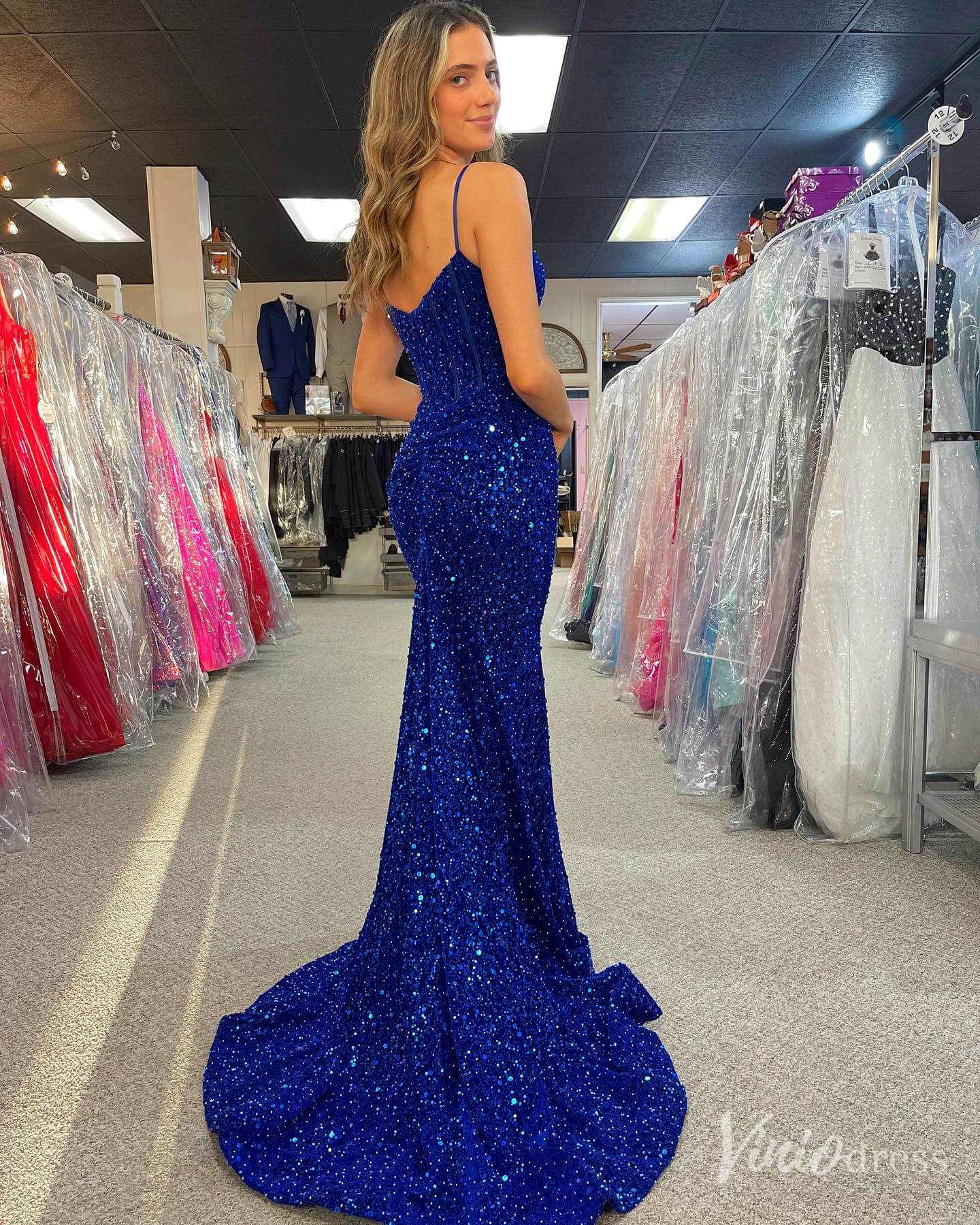 Blue Sequin Mermaid Prom Dresses Spaghetti Strap Evening Dress FD4085 - Viniodressprom dressesBlueCustom Size - Formal Dresses - Ball Gowns