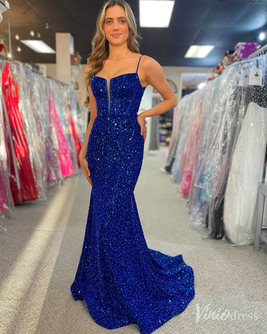 Blue Sequin Mermaid Prom Dresses Spaghetti Strap Evening Dress FD4085 - Viniodressprom dressesBlueCustom Size - Formal Dresses - Ball Gowns