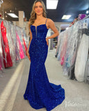 Blue Sequin Mermaid Prom Dresses Spaghetti Strap Evening Dress FD4085