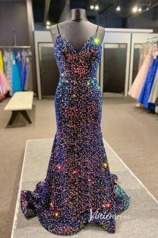 Prom Dress 2025 Blue Sequin Prom Dresses Mermaid Spaghetti Strap Backless Evening Dress FD3265-unique prom dresses-Blue-Custom Size-Viniodress