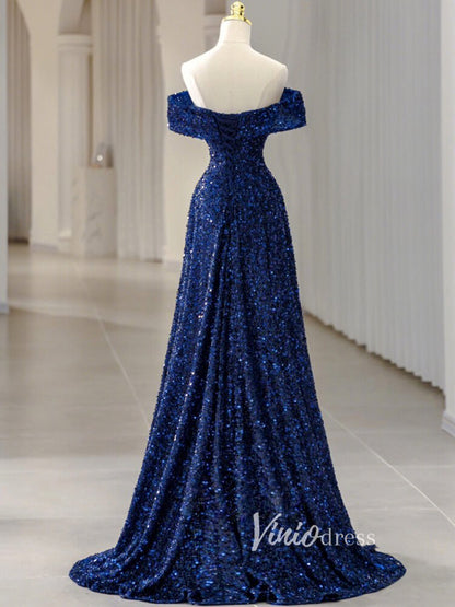 Blue Sequin Prom Dresses Off the Shoulder Evening Gown FD3406-prom dresses 2025 -Viniodress-Blue-Custom Size-